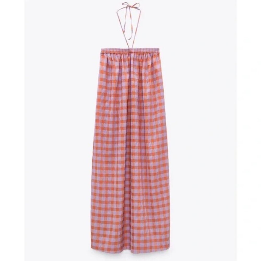Zara Gingham Plaid Maxi Halter Dress Coverup Medium